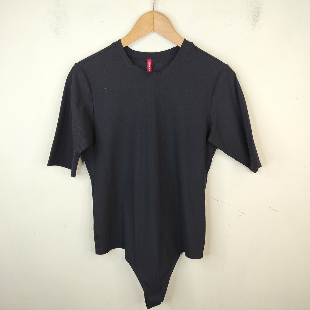 Spanx Suit Yourself Ribbed Bodysuit XL Short Sleeve Minimalist Black Stretchy
